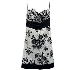 WHBM White House Black Market Dress 10 Floral Black White Strapless Cotton Zip